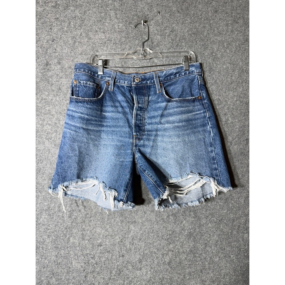 Levi's Blue Denim High-Rise Frayed Jean Shorts - Picture 2 of 8